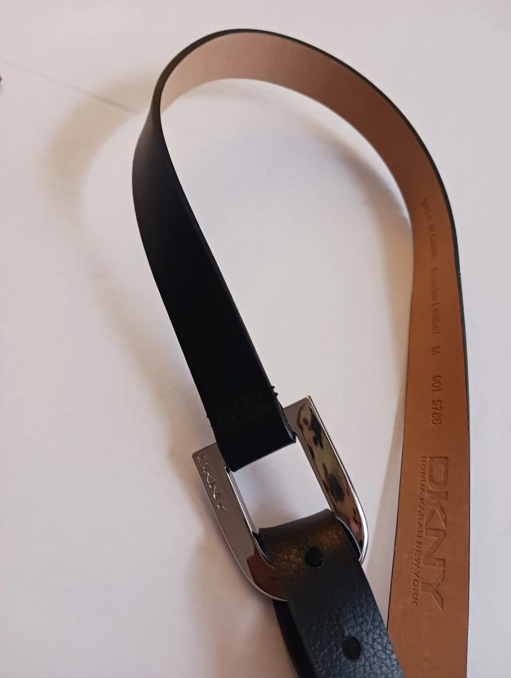 DKNY Modernist Silver + Leather Belt Black Size M Loop & Peg Clasp Very Good